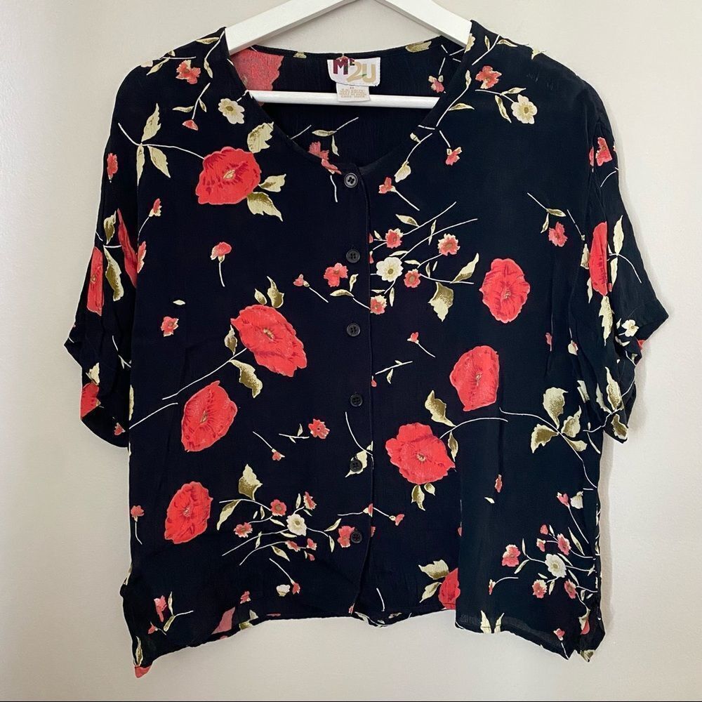 ME+EM Black Floral Button-Down Shirt with Red Roses